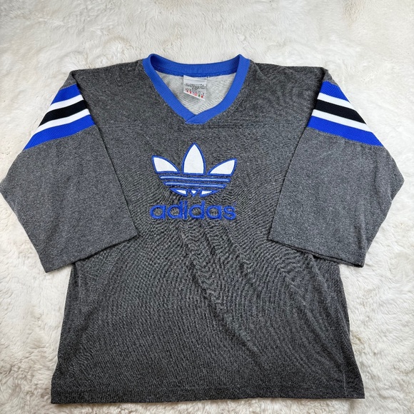 Adidas Trefoil Vintage 90's V-Neck Pullover 3/4 Sleeve T-Shirt Grey Men's Medium - Picture 1 of 7